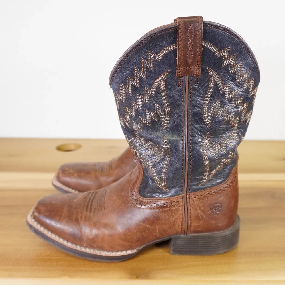 Ariat Western Boots Kids 3 Brown Navy Blue Leather Square Toe Stitched Western